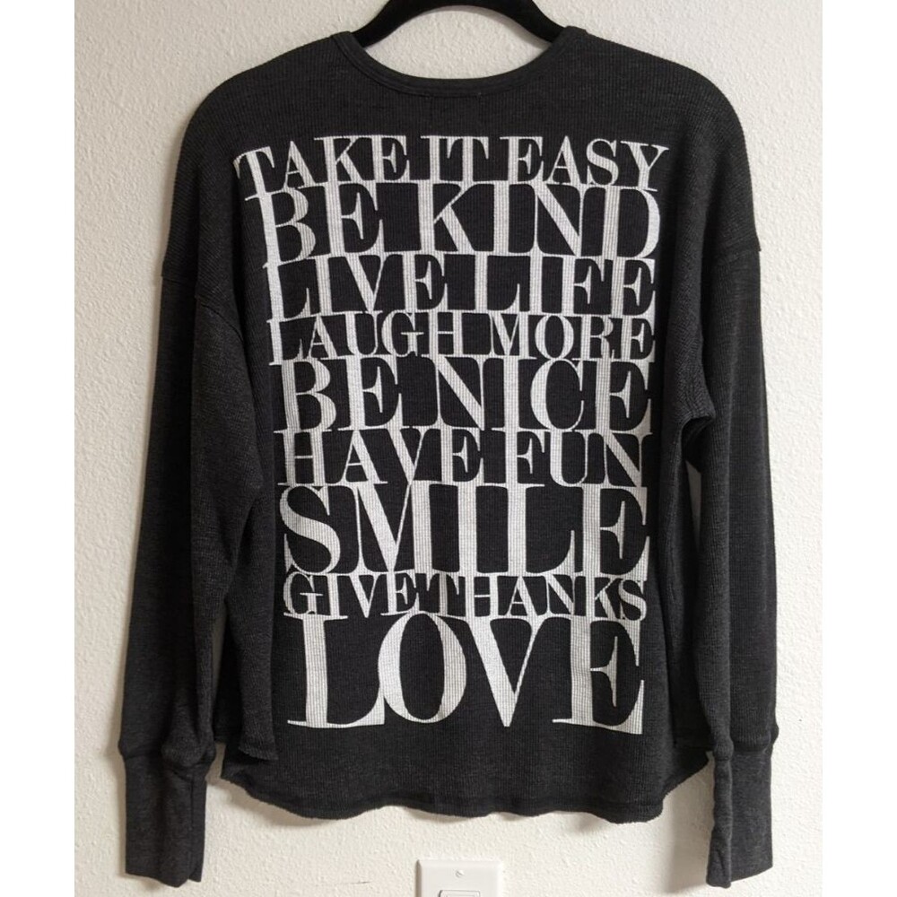 SUNDRY Charcoal Waffle Knit Graphic Long Sleeve Top  "Take it Easy" 1 or Small - Picture 2 of 10